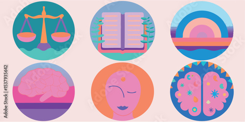 Colorful Abstract Illustration Justice Book Sunset Brain Meditate Mental Health Balance Knowledge Peace
