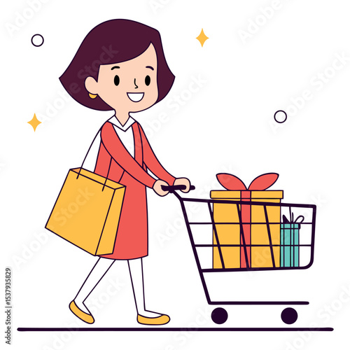 Smiling woman pushes shopping cart with gifts and carries yellow bag against white