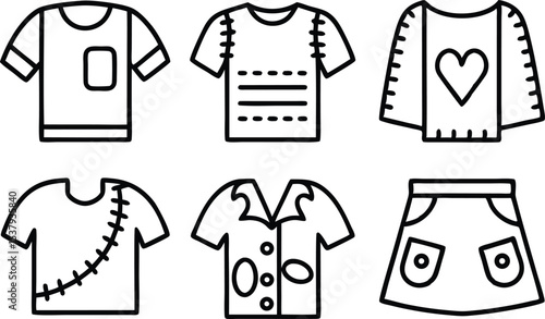 Outline icon set featuring upcycled clothing garments for sustainable fashion design projects