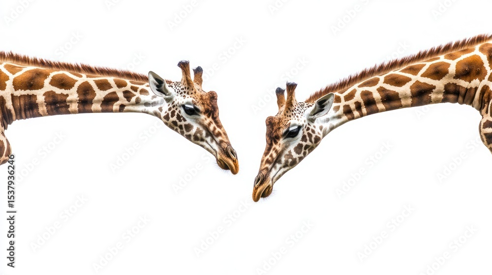 Naklejka premium Two giraffe heads face each other against a stark white background, necks arched inward