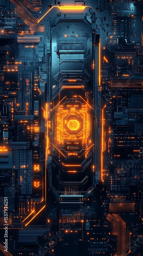 Wallpaper Mural Glowing orange circuit paths illuminate a complex computer core in a dark, futuristic landscape Torontodigital.ca