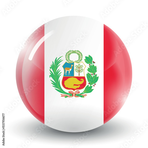 Glass light ball with flag of Peru. Round sphere, template icon. Peruvian islands national symbol. Glossy realistic ball, 3D abstract vector illustration. Big bubble.