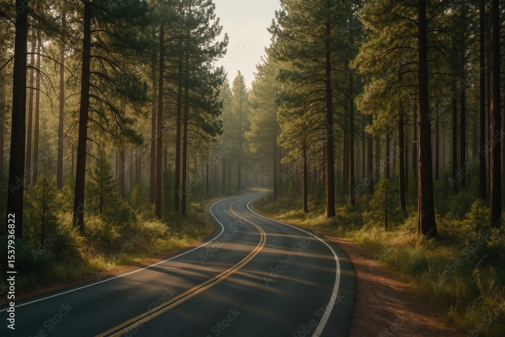 Fototapeta premium Curving asphalt road through dense pine forest at sunrise with soft light and shadows in tranquil natural landscape
