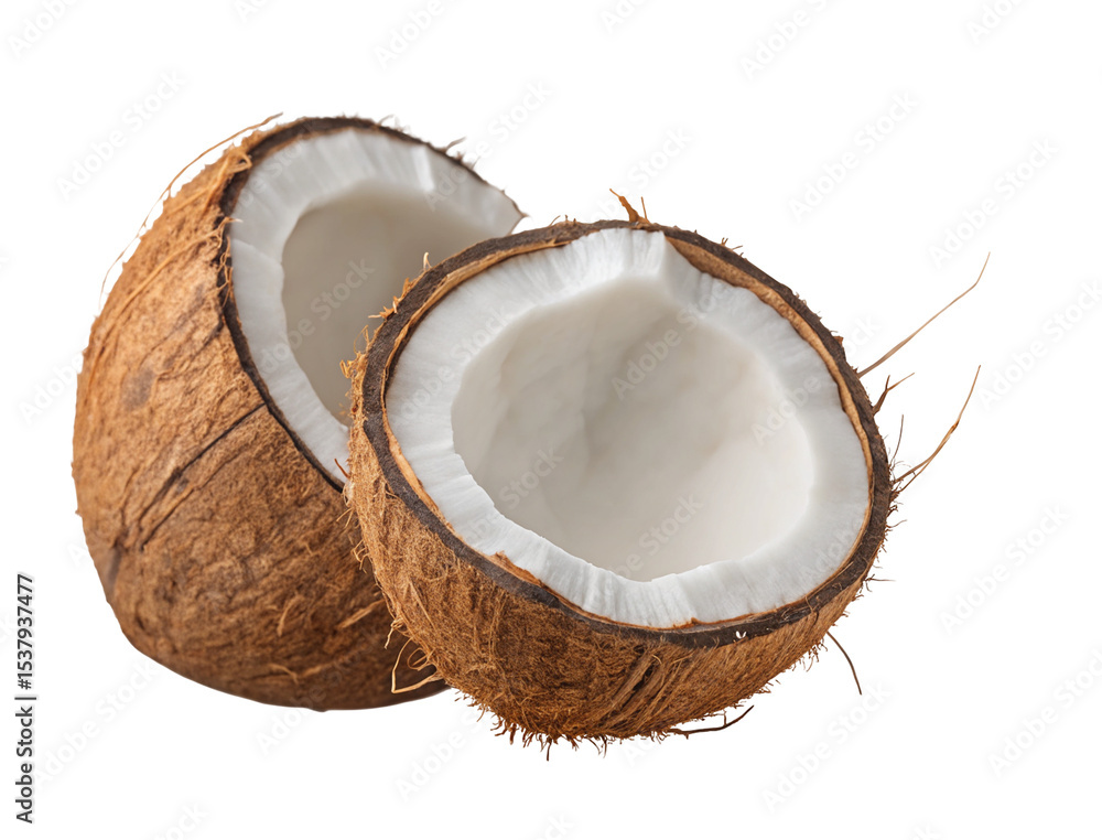 Fresh coconut halves tropical fruit food photography healthy eating raw vegan ingredient for recipes isolated Fresh coconut halves tropical fruit food photography healthy eating raw vegan ingredient for recipes isolated