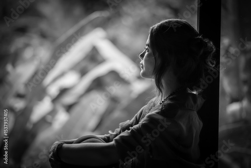 фотографія Woman Gazing Through a Window in Natural Light