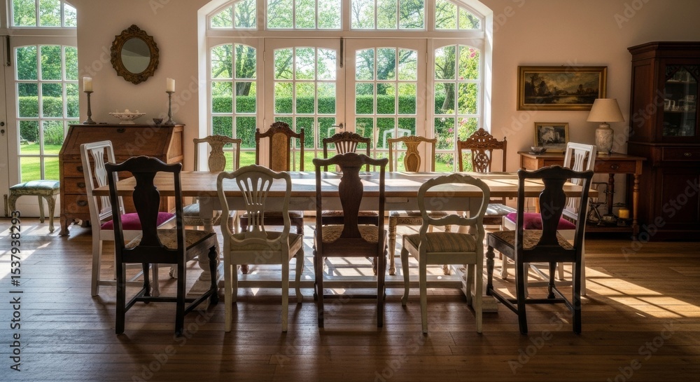 Sunlit Dining Room with Antique Chairs and Large Windows Sunlit Dining Room with Antique Chairs and Large Windows