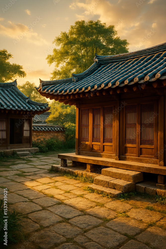 Naklejka premium Traditional Korean hanok architecture in seasonal landscape settings (Generative AI)