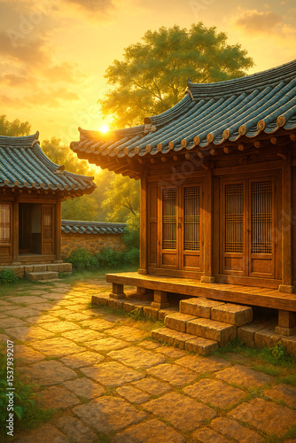 Traditional Korean hanok architecture in seasonal landscape settings (Generative AI)