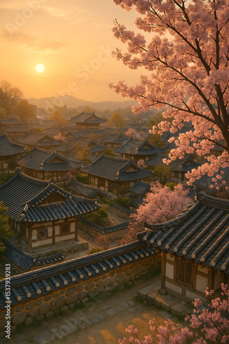 Traditional Korean hanok architecture in seasonal landscape settings (Generative AI)