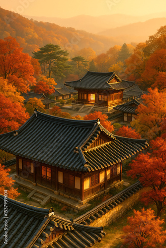 Traditional Korean hanok architecture in seasonal landscape settings (Generative AI)