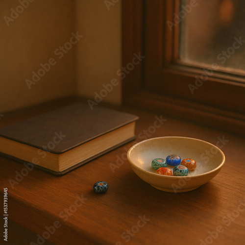 Vintage-style flat lay with handmade glass marbles and open notebook near window (Generative AI)
