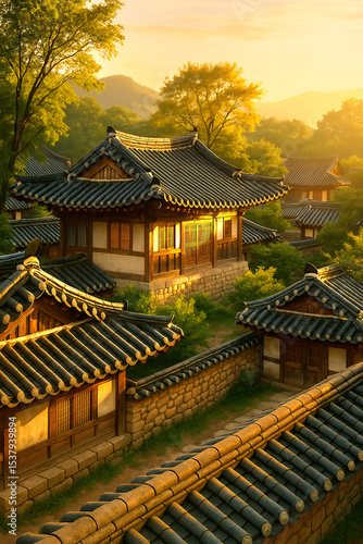Traditional Korean hanok architecture in seasonal landscape settings (Generative AI)