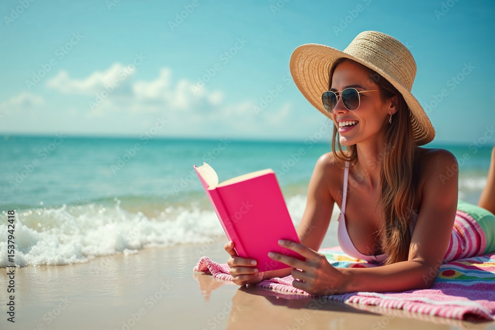 Fototapeta premium Relaxed Female Enjoying Summer Vacation and Literature