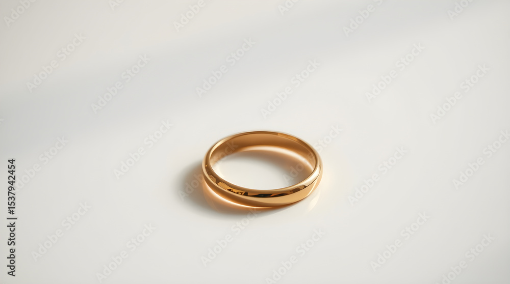 Golden wedding ring resting on white surface representing commitment and love Golden wedding ring resting on white surface representing commitment and love