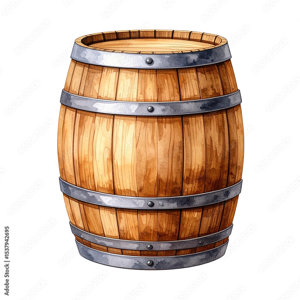 Obraz premium A watercolor illustration of a classic wooden barrel with metal hoops, often used for storing beverages like wine, beer, or whiskey.