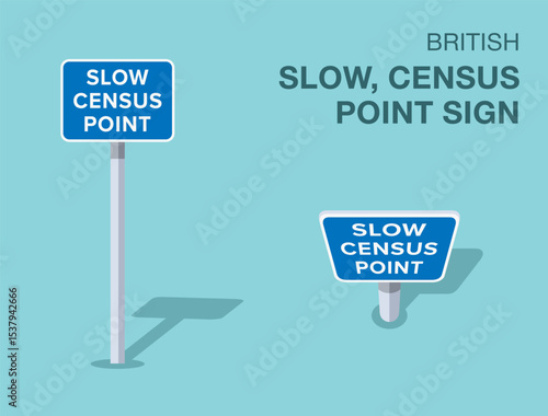 Traffic regulation rules. Isolated british "slow, census point" road sign. Front and top view. Flat vector illustration template.