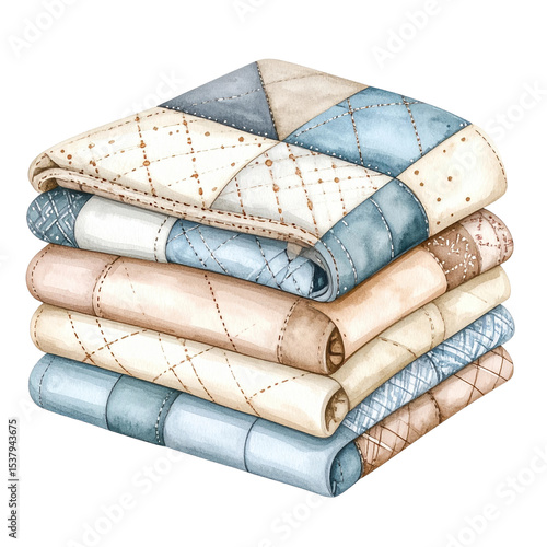 A watercolor illustration depicts a neatly folded stack of quilted blankets in soft blue, beige, and brown tones, perfect for home decor or textile designs.