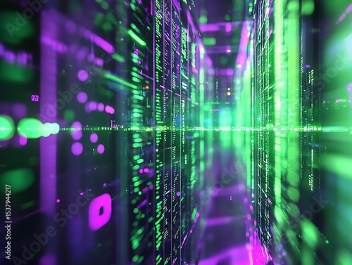 Abstract data storage concept with holographic visuals in green and purple shades