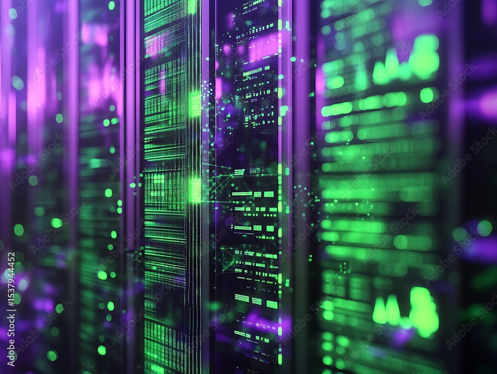 Fototapeta premium Abstract data storage concept with holographic visuals in green and purple shades