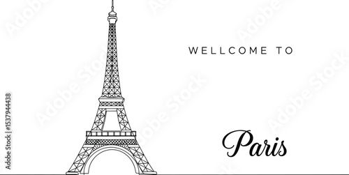 Eiffel Tower illustration, welcome to Paris, Paris travel poster, famous landmark line art, France tourism design, iconic building, minimalist vector, stylish Paris graphic, elegant artwork
