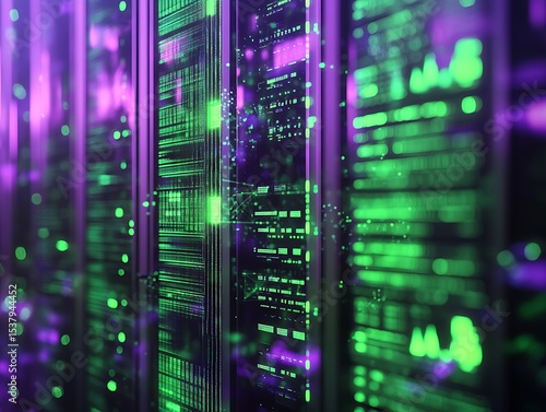 Abstract data storage concept with holographic visuals in green and purple shades