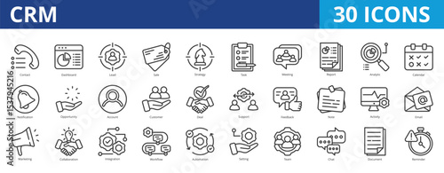 CRM icon pack collection set of customer relationship management for ecommerce and business marketing. With contact, dashboard, lead, sale, strategy, task, meeting, report, analytic, opportunity