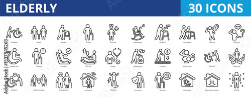 Elderly icon pack collection set for healthcare and medical. With caregiver, nursing, retirement, mobility, assistance, hearing, therapy, health, eldercare, healthcare, disability, insurance, patient