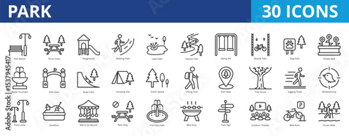 Park icon pack collection set for environment and gardening. With bench, picnic, area, playground, walking, path, lake view, nature, trail, water fountain, gate, environment, forest, hiking, camping