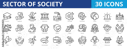 Sector of society icon pack collection set for community people and culture. With education, healthcare, economy, government, industry, technology, environment, culture, agriculture, law, finance