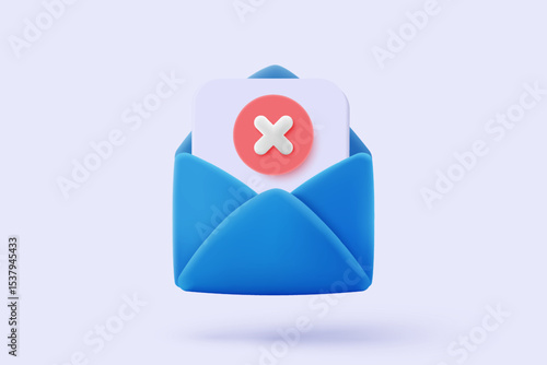 3d mail envelope icon signs with red rejected report. Minimal email letter and paper read with notice error check mark. 3d mail problem with message wrong icon vector render illustration