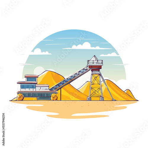 Sand Quarry Industrial Plant Illustration with Belt Conveyor in Open Pit Mining Construction Scene