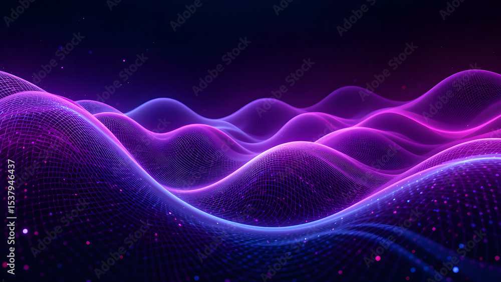 Obraz premium Abstract purple and blue wave pattern with glowing dots on a dark background design element