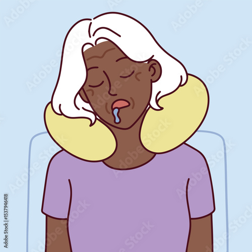 Tired Black senior woman falls asleep with neck pillow during flight. Symbol of comfort, age, and long-distance travel.