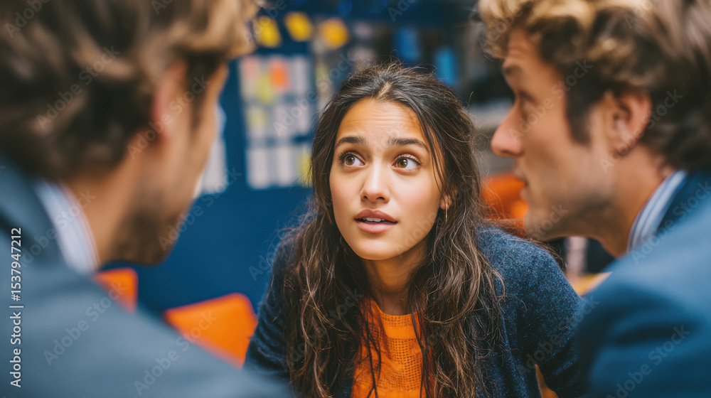 a CFO in a tough discussion with 2 young indian corporate hipsters (male and female) in a generic modern office. a CFO in a tough discussion with 2 young indian corporate hipsters (male and female) in a generic modern office.