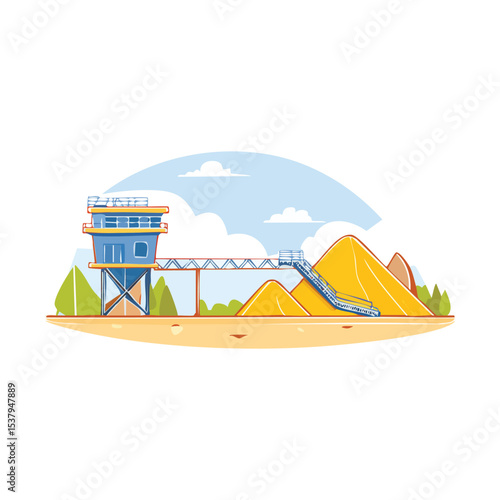 Industrial Sand Quarry Banner with Belt Conveyor and Open Pit Mining Construction Scene