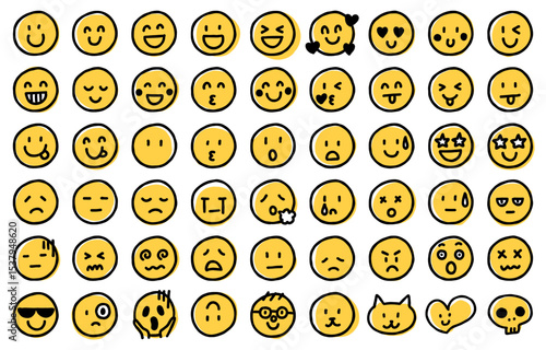 Hand-drawn emotive face icon set (yellow)