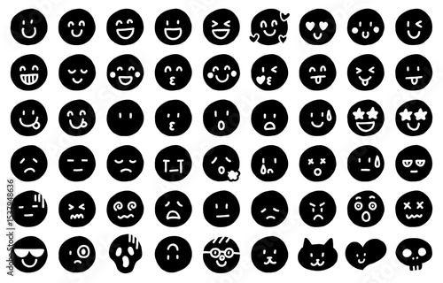 Hand-drawn emotive face icon set (monochrome)