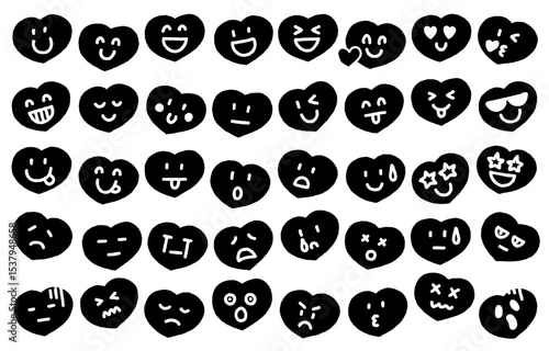 Hand-drawn heart expression icon set (monochrome)