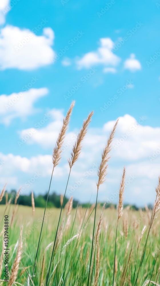Fototapeta premium Close-up view of tall grass in a field against a vibrant blue sky dotted with fluffy white clouds