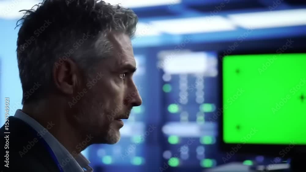 Man observing digital screens in a high-tech control room, with green display and equipment in background Man observing digital screens in a high-tech control room, with green display and equipment in background