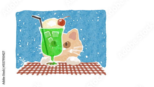 メロンソーダを眺めるネコ