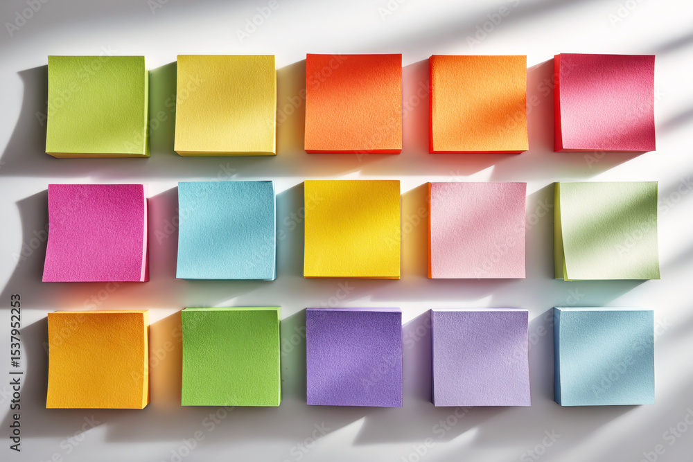Naklejka premium Grid of colorful sticky notes on wall in sunlight. Minimal project planning board. Concept of brainstorming