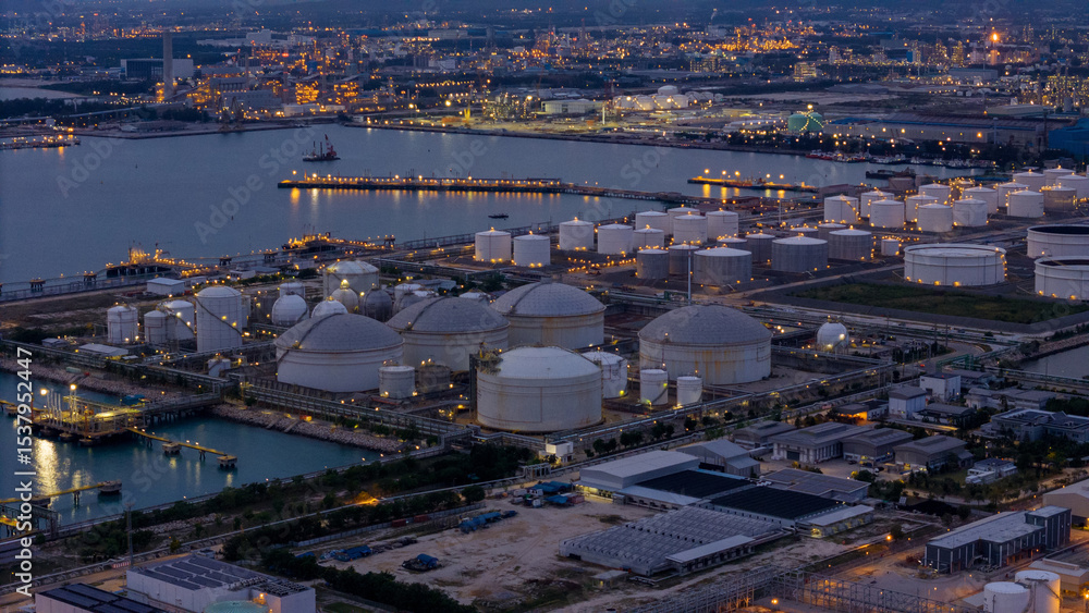 Naklejka premium large industrial oil and gas storage tanks at a coastal refinery terminal during dusk. Tanker ships docked at long piers highlight the global energy transport infrastructure.