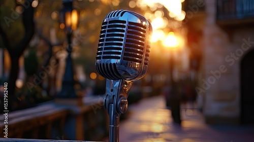 Vintage microphone on city street at sunset