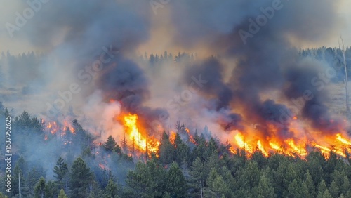 Wallpaper Mural Wildfire engulfing dense forest with thick black smoke and orange flames rising through treetops Torontodigital.ca