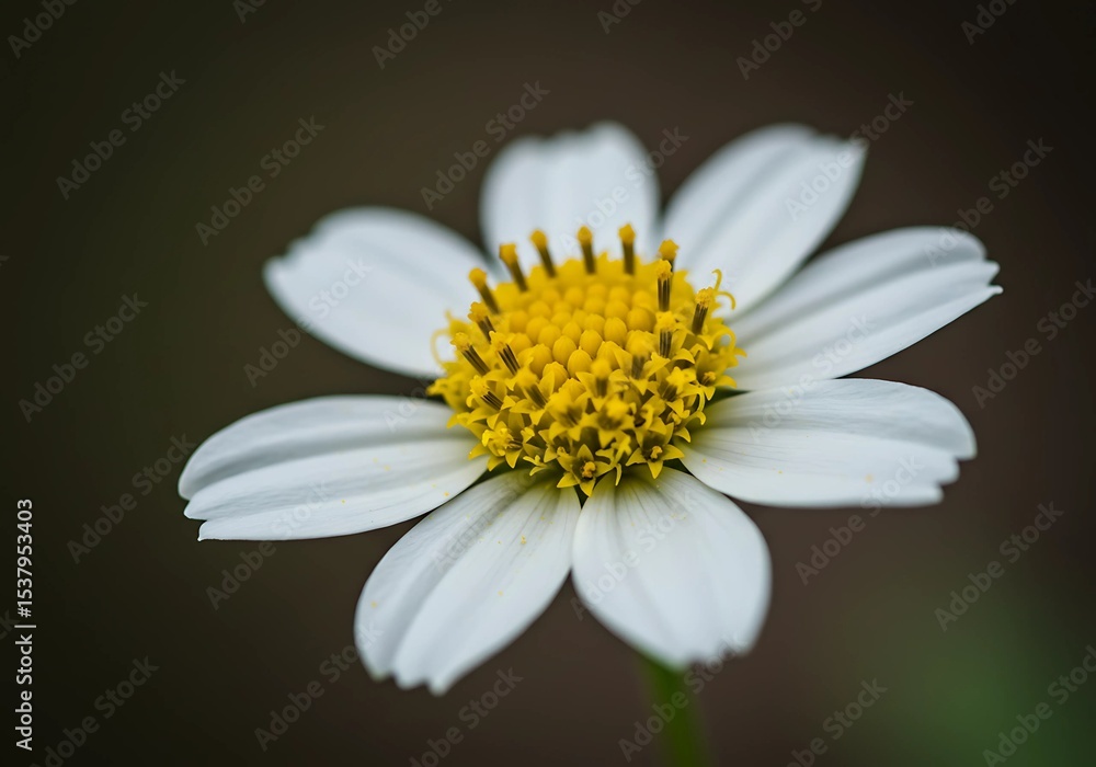 Fototapeta premium Delicate white daisy-like flower, vibrant yellow center, elegant floral bloom, natural beauty, botanical garden photography, serene spring blossom