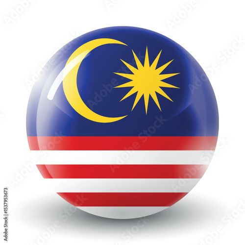 Glass light ball with flag of Malaysia. Round sphere, template icon. Malaysian islands national symbol. Glossy realistic ball, 3D abstract vector illustration. Big bubble.