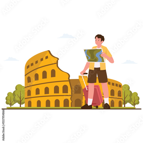 Tourist Travel Illustration. Vector illustration of A tourist with a map stands in front of the famous Colosseum in Rome. Isolated on background