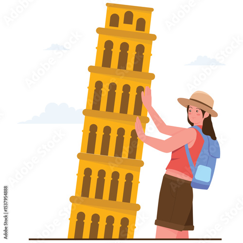 Tourist Travel Illustration. Vector illustration of A tourist playfully poses as if holding up the Leaning Tower of Pisa. Isolated on background