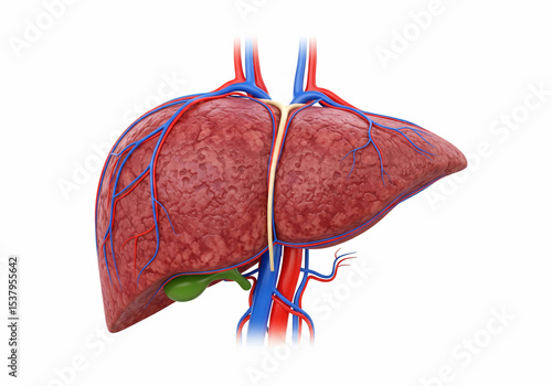 detailed 3D medical illustration shows the human liver with arteries, veins, and bile duct. Ideal for anatomy studies, medical education, and healthcare-related presentations or articles.

